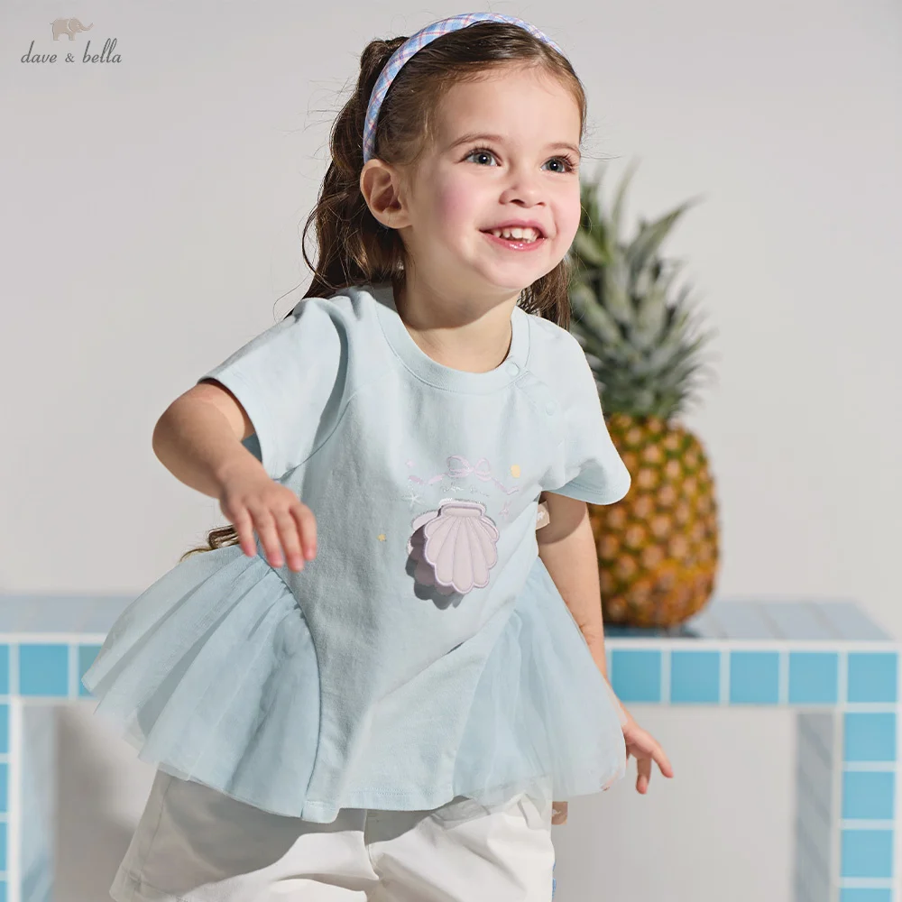 Dave Bella Girls T-shirts Summer Short Sleeves Children Tops Casual Fashion Sweet Cool Kids Embroidery Outdoor Clothes DB2262390