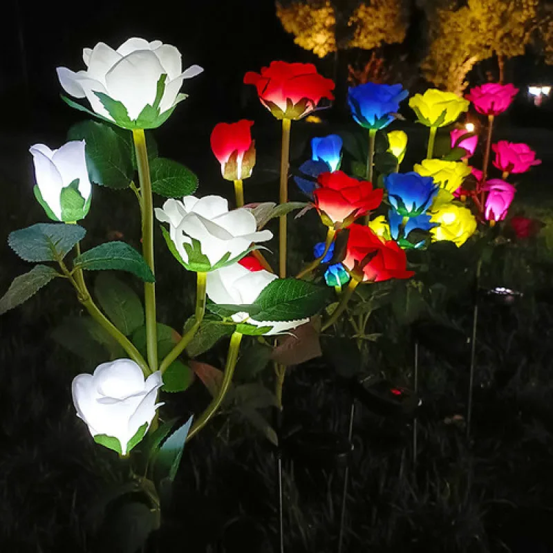 3/5 Heads Solar Lights Rose Flower Lamp Garden Decoration Solar Garden Lights Rose Flower Lawn Lamp for Yard Patio Garden Decor