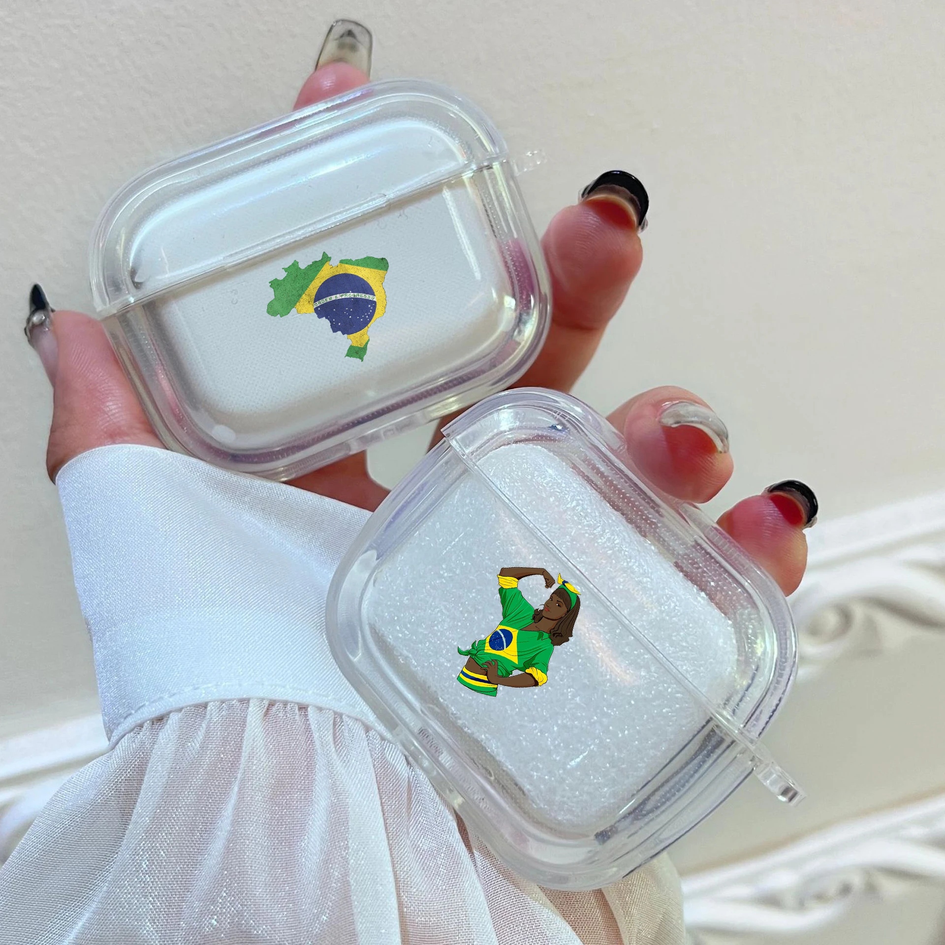 AirPods 1/2ケース,フック付き,ブラジルの国旗,サッカー選手用