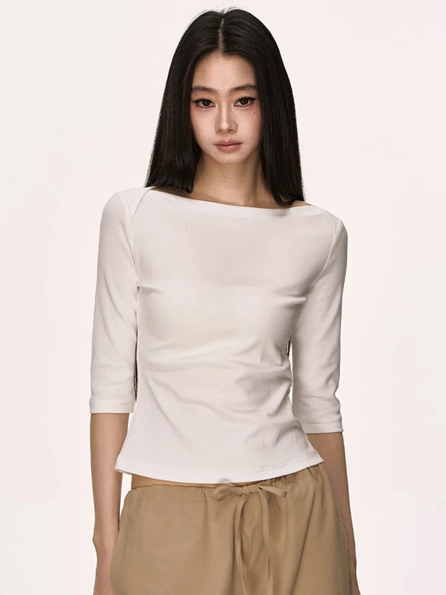 Slim Fit Sailor Kraag Tee Kwart Sve T irt Vrouwen Vroege Herfst 2025, Nieuwe Sle Five Sve Afslanken Trendy Top