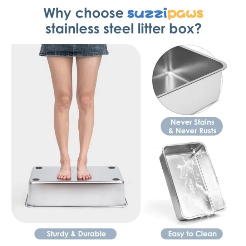 Enclosed Stainless Steel Cat Litter Box with Lid Big Cats Metal Litter Pan Tray with High Wall Sides Enclosure Anti-Leakage