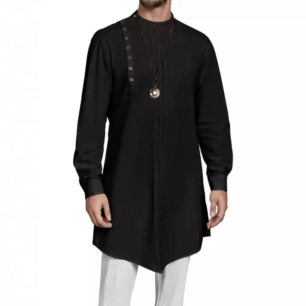 

2024 Mens Kaftan Thobe Long Sleeve Robe Gown Casual Cotton Linen Button Muslim Shirt Muslim Fashion Islamic Clothing Men