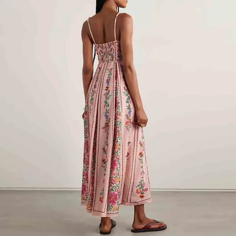 Temperamento Abito bohémien stampato floreale Donna Casual Vita alta Senza maniche Abito lungo senza schienale Donna Elegante abito da festa Boho