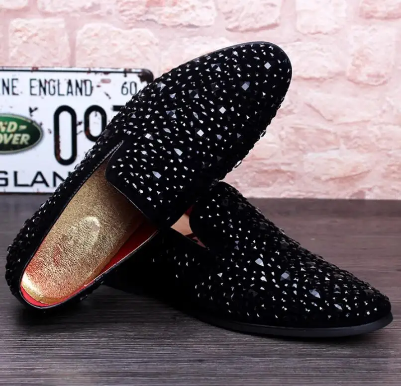 Bling Black Square Crystal Full Drilled Loafers Low Square Heel Man Shoes Slip On Leisure Casual Shoes