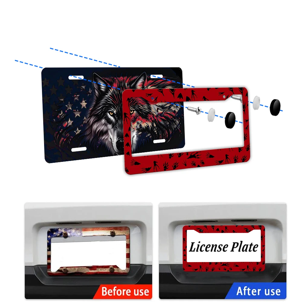 إطار لوحة ترخيص لتزيين السيارة باللون الأحمر مع ديناصور - مثل مطبوعات مخالب، مادة الألومنيوم، فتحتين، مع طقم براغي #3