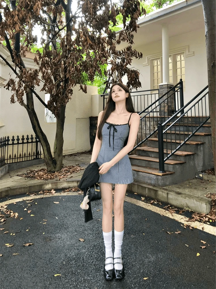 

Sweet And Spicy Knot Plaid Strapl Dr Women's High Waist A-Line Skirt Dr Casual Sle Slimming Effect