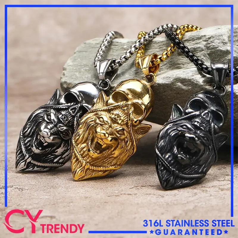 

Halloween Retro Punk Dark Wind Exaggerated Lion Head Ghost Skull Head Stainless Steel Pendant Necklace