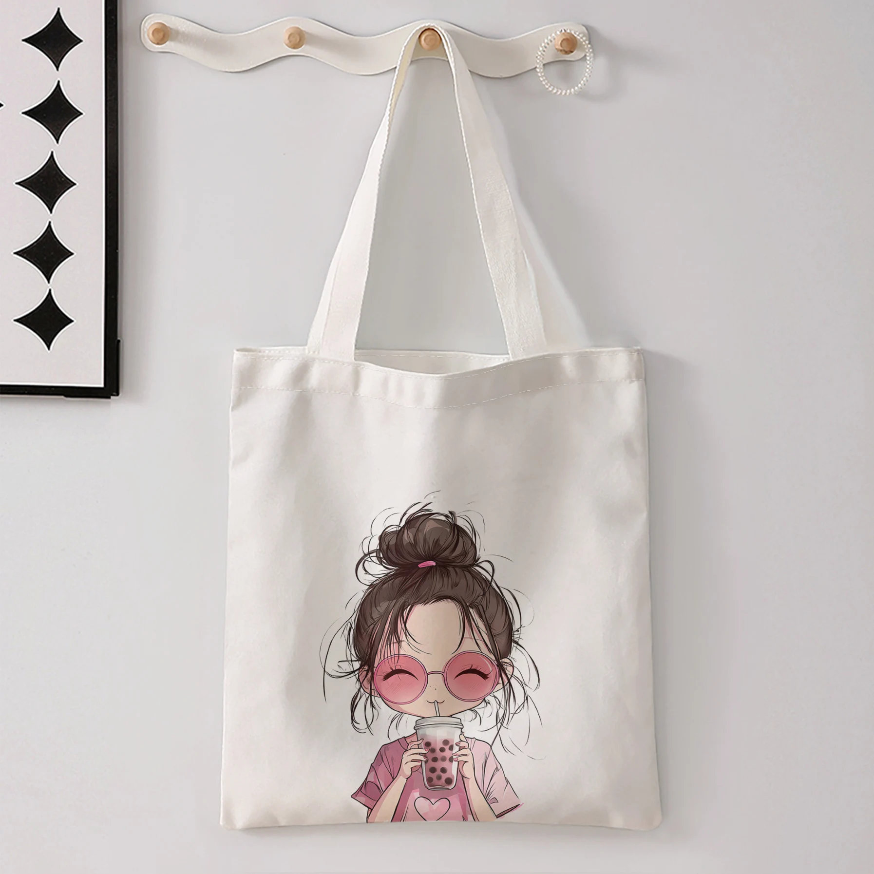Cartoon Bun Hairstyle Girl With Pink Sunglasses Drinking Bubble Tea Print Tote Bag Large Shoulder Handbag For Shopping Daily Com