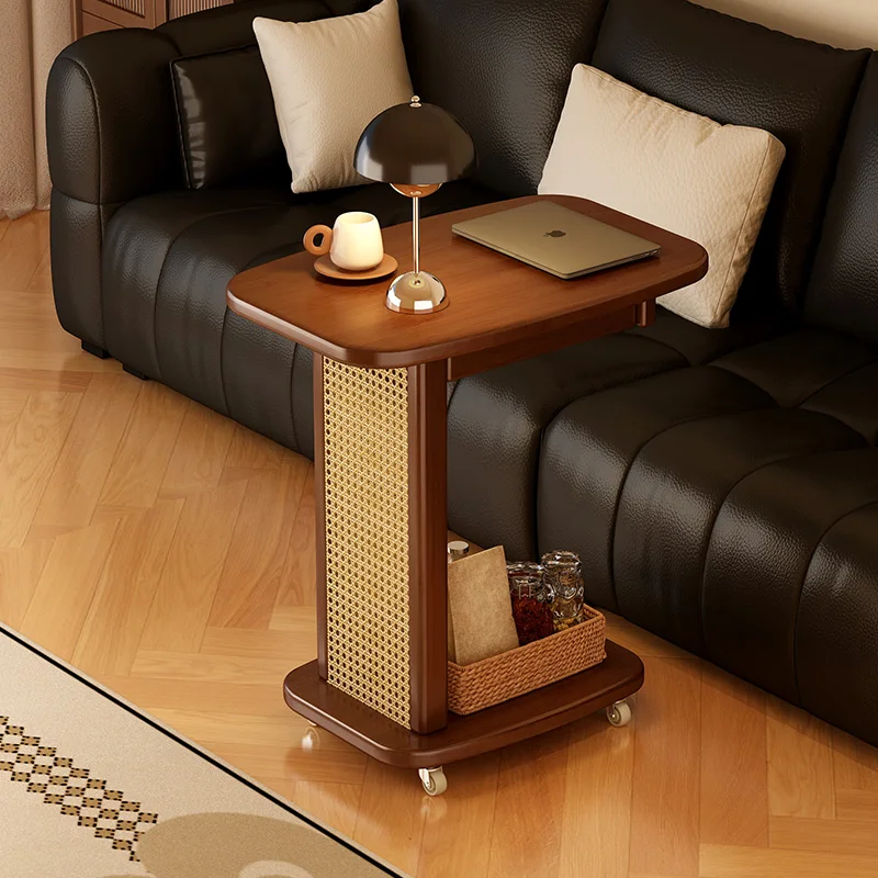 

Vintage Rolling Cart Side Table Bamboo Mobile Laptop Desktop Multi-tier Storage End Table for Living Room Couchside Furniture
