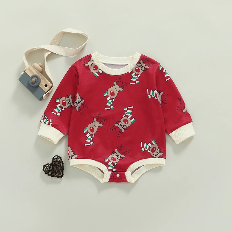 Christmas Toddler Jumpsuit Adorable Reindeer Patterned  with Long Sleeves and Round Neck for Infants