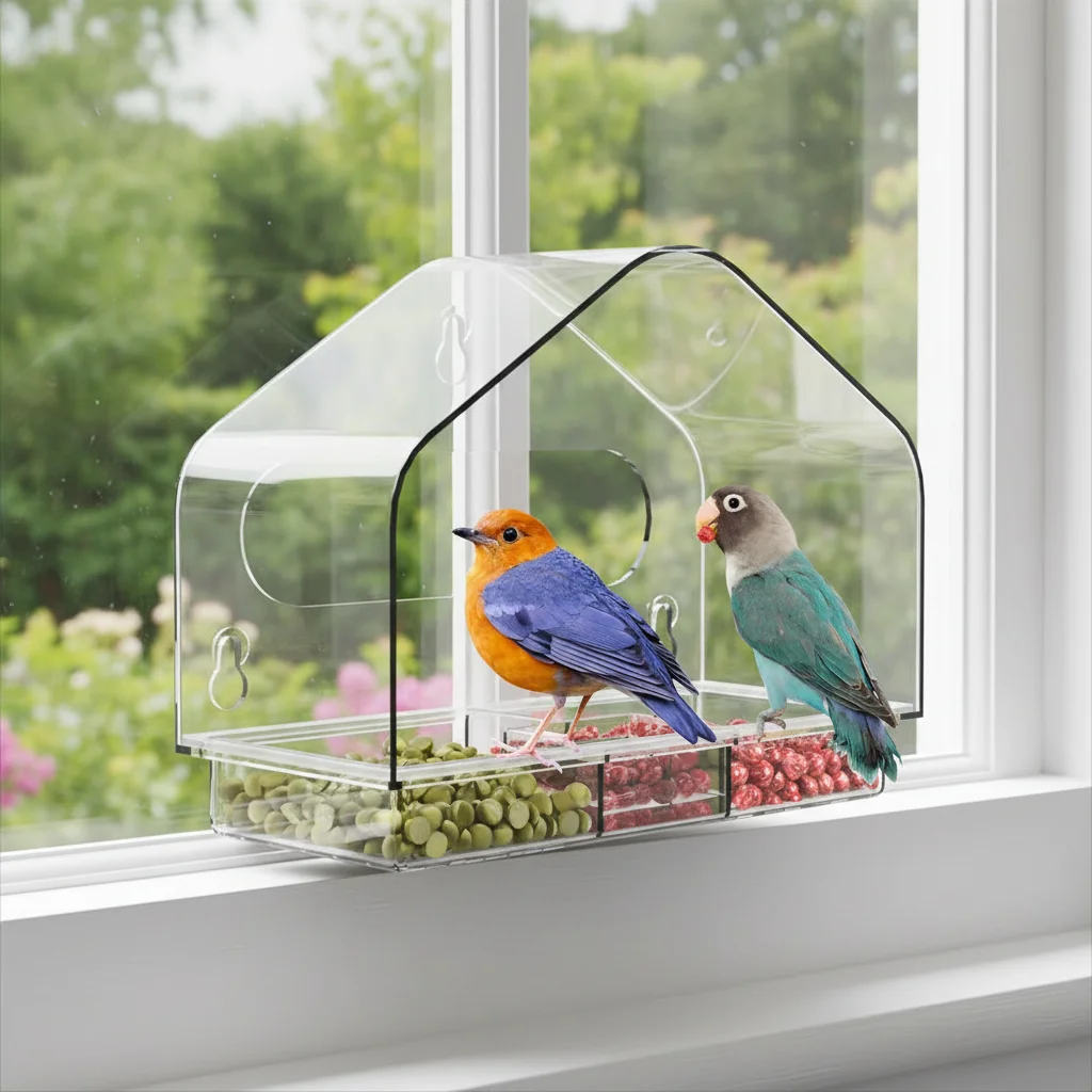 

Window Bird Feeder for Outdoor Use Transparent Plastic with Strong Suction Cups Drill-Free Design Pet Bird Cage Accessory