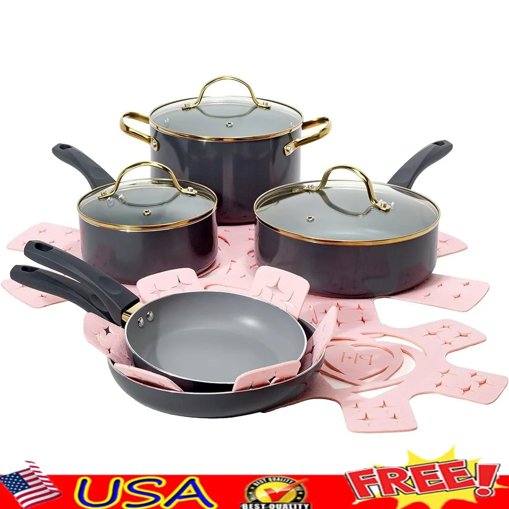 

Nonstick Cookware Set Multi-Layer Coating Tempered Glass Lids Stay Cool Handles Dishwasher Safe Pots Pans 12-Piece Set