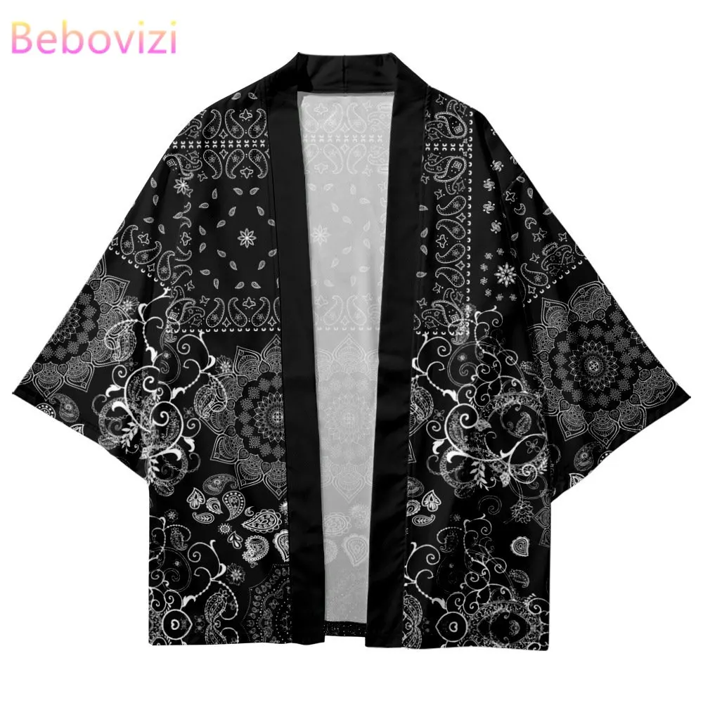 Black Traditional Cashew Flowers Print Kimono 2022 New Arrival Streetwear Men Cardigan Haori Japanese Style Clothes Summer Tops