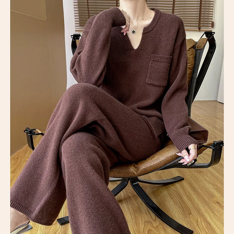 

V-neck Sweater Set Women's Autumn and Winter New Korean Version Loose Fashion Knitted Wide-leg Pants Two-piece Set