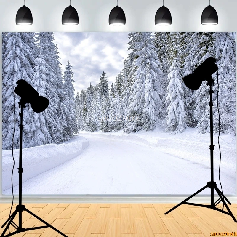 الشتاء الغابات الثلوج الطريق خلفيات للتصوير الفوتوغرافي عدم وضوح المشهد الثلج الطريق شجرة التنوب خلفية الصورة XD-04