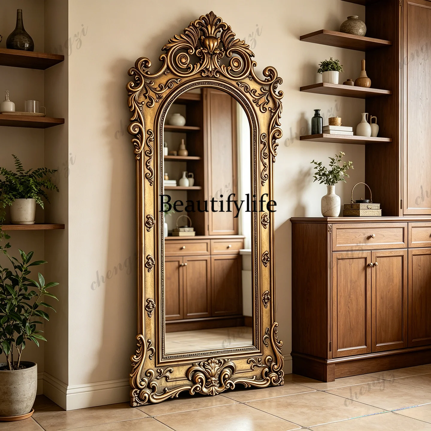 

French retro carved full-length mirror European wall-mounted full-length American villa luxury floor-to-ceiling fitting mirror