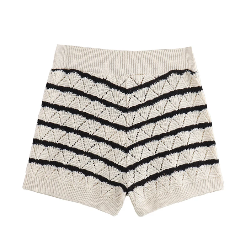 YENKYE Summer Women Vintage Elastic Waist Casual Striped Knit Shorts