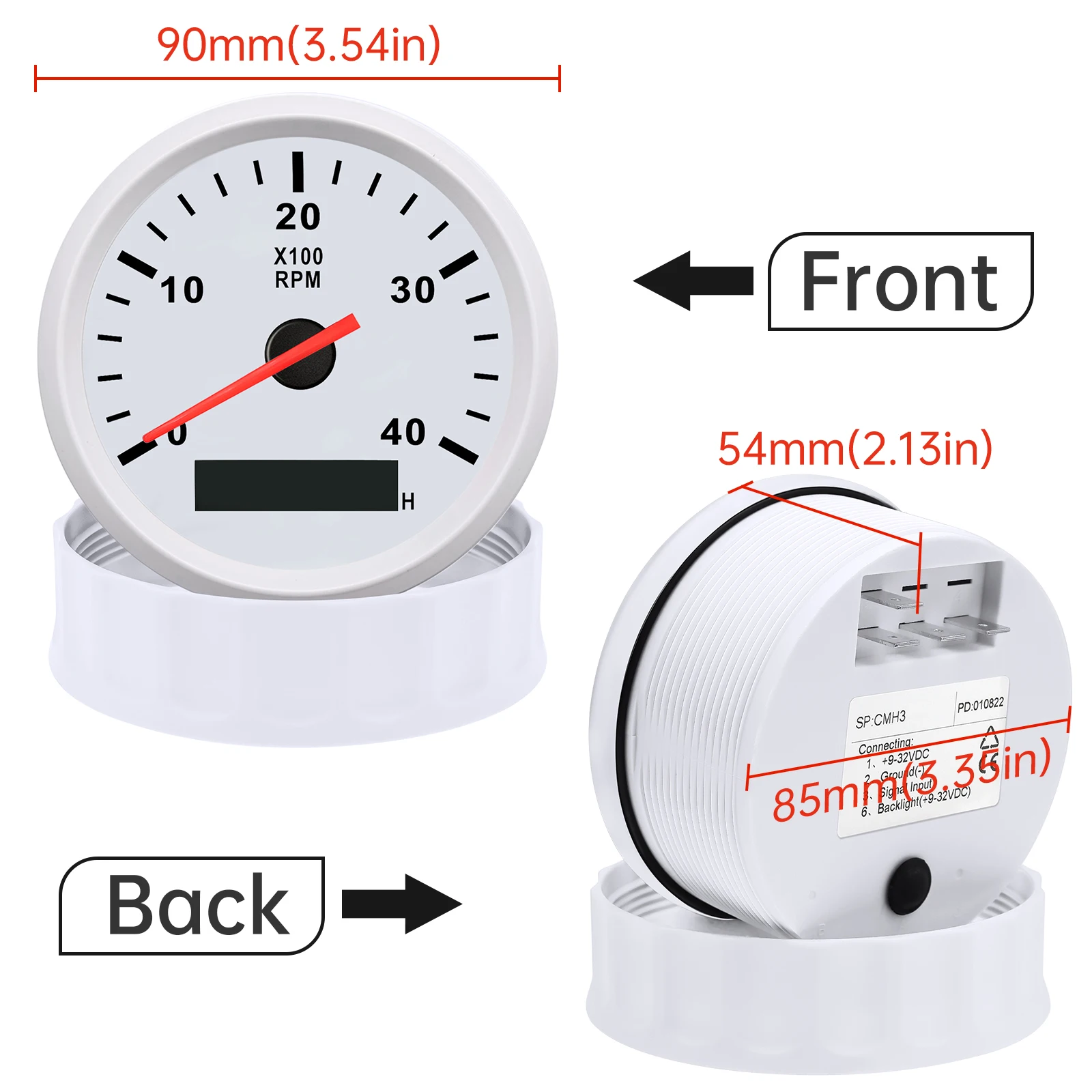 White Tacho Meter Gauge Red Backlight LCD Digit Hour Display Boat Tachometer For Marine Boat Motorcycle Gasoline Diesel Engine