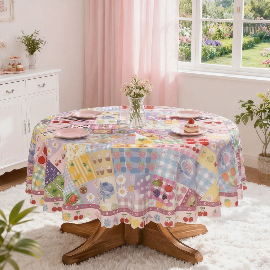 1pc Macaron Collage Fruit Floral Pattern Tablecloth (Round/Rectangle/Square) Polyester Material, Lightweight Quick-Dry Machine Washable, Suitable for Afternoon Tea Party/Kitchen Dining Room/Living Room Table/Home Decor/Birthday Decoration