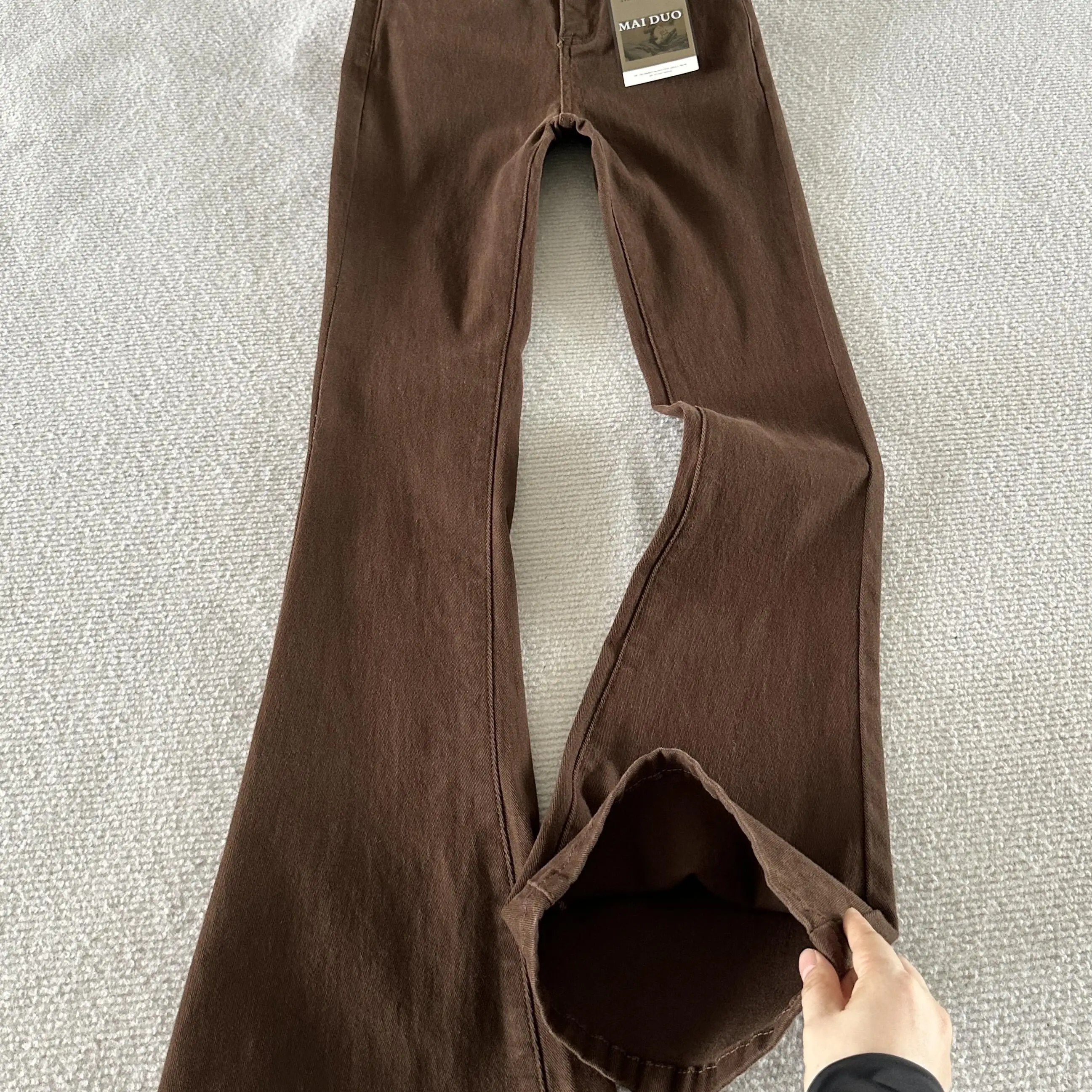 High Waist Bell Bottom Denim Jeans Women's American Style Slim Fit Stretchy Coffee Color Fall New Arrival Floor Length  ...