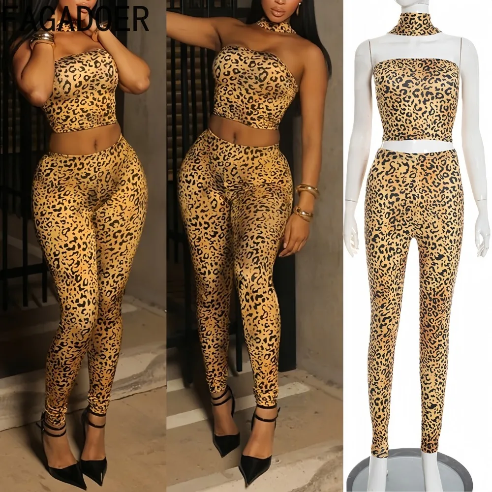 

FAGADOER Fashion Leopard Print Patchwork 2 Pieces Set for Woman Halter Sleeveless Backless Crop Top and Pants Female Streetwear
