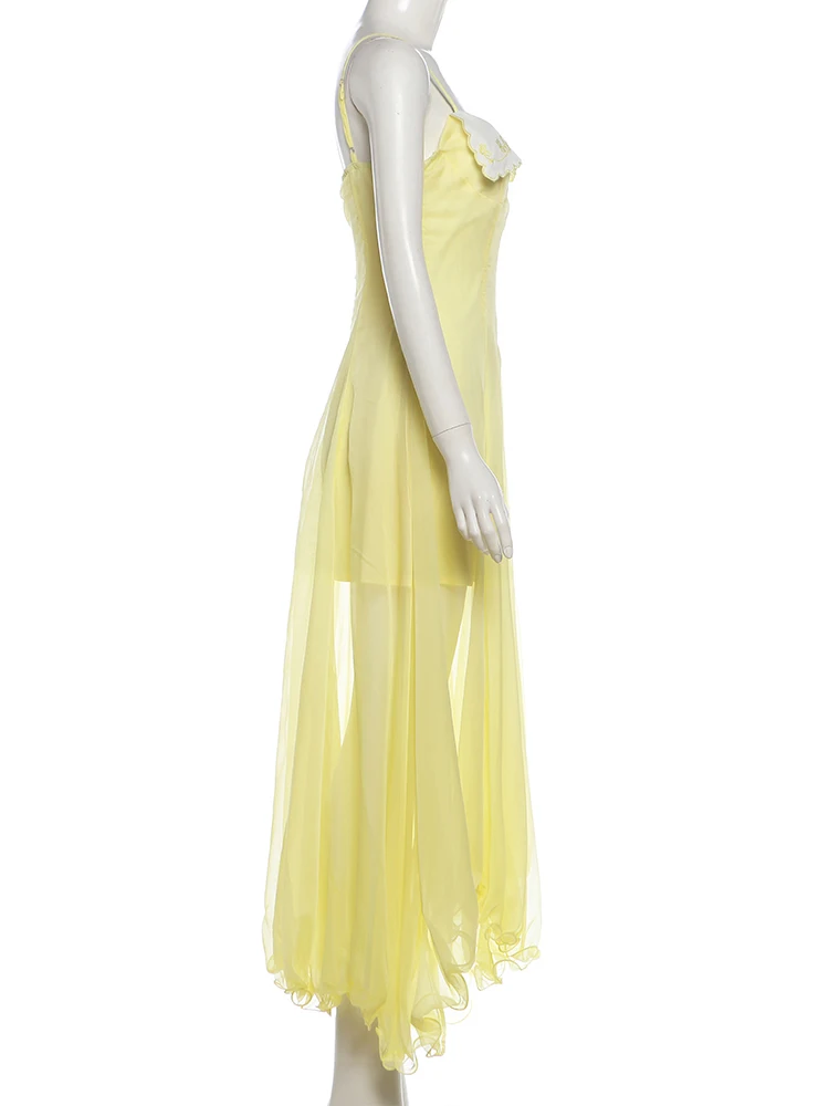 Nibber Irregular Hem Patchwork Maxi Dress Women Low-Neck Ruffles Sleeveless Skinny Summer Elegant Chic Birthday Party Vestidos
