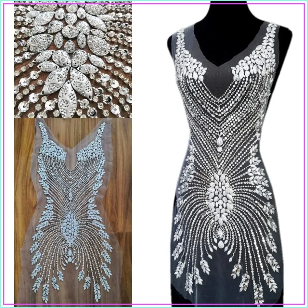 

Hand Beaded Embroidered Long Large Heavy Crystal Sequin Rhinestone Applique Trim for Noble Neckline Dress Bodice (Front Part, 38x84cm)