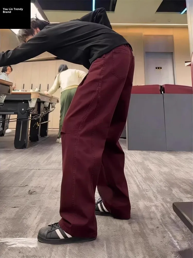 

Red Wine Color Pure Cotton Men's Winter Casual Pants Knife Loose Wide Leg Casual Trousers Stylish Workwear Pants