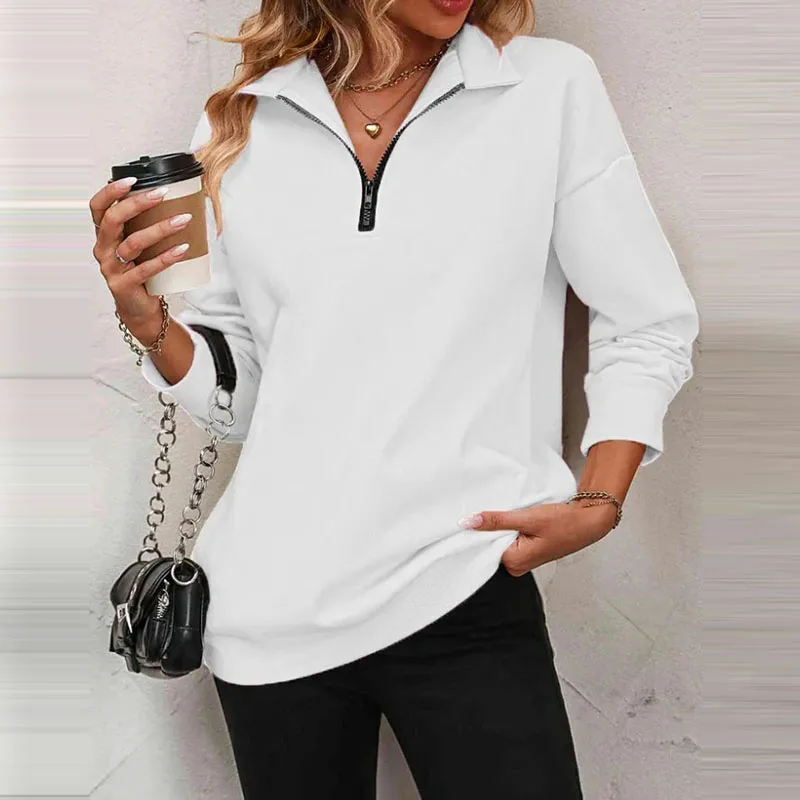 Autumn Winter Fashion Zipper Half Open Collar Sweatshirts For Women Solid Color Long Sleeves Casual Pullovers Loose Elegant Tops