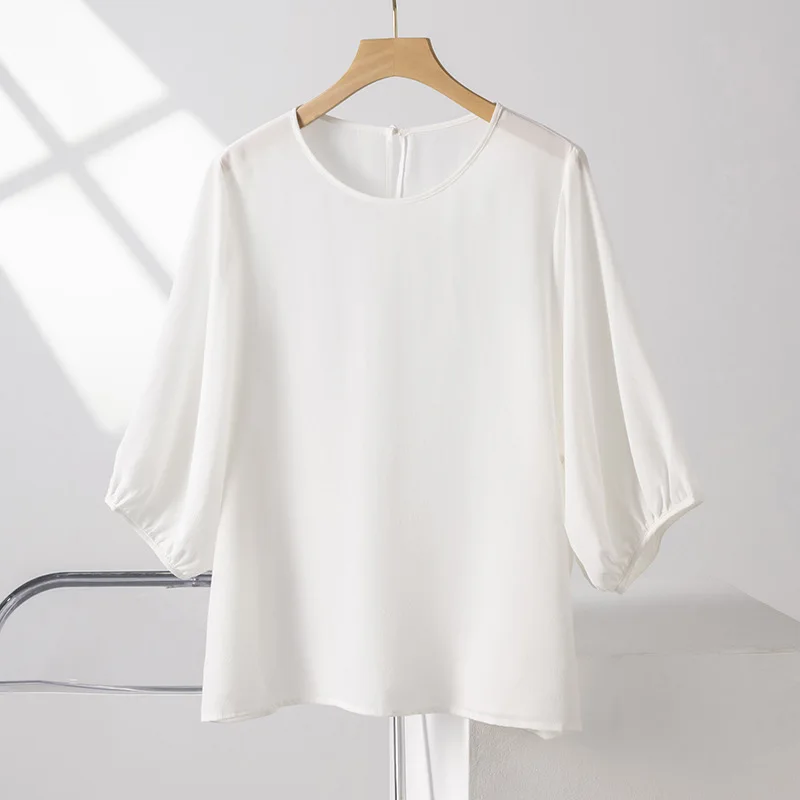 MadBlack-100%Real Silk Sand Washing Elegant T-Shirt, Lantern Sleeve Solid, Women Basic Casual Loose Tops, 2026 Summer T64317CC