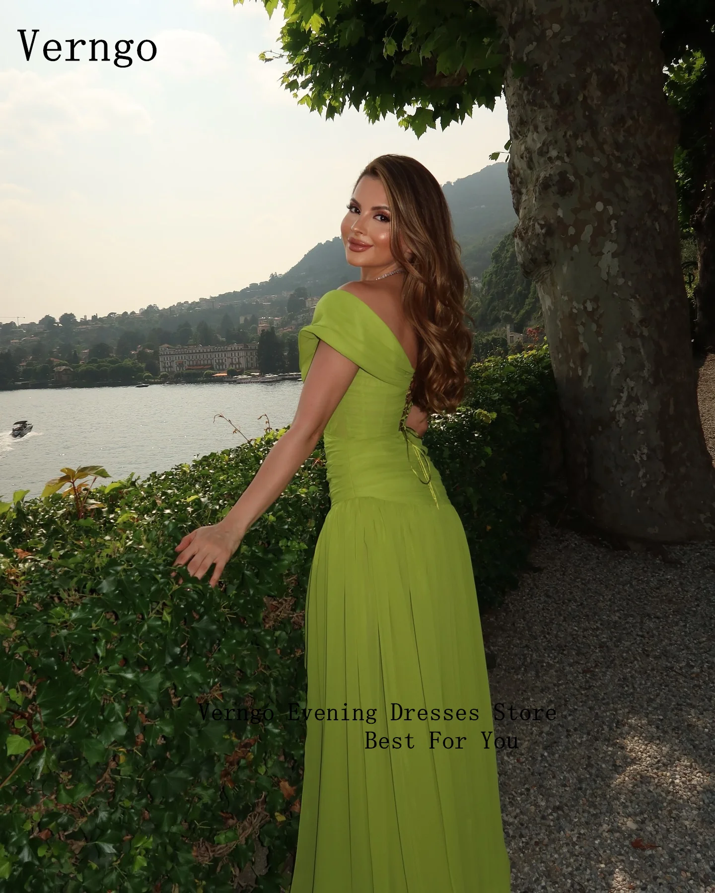 Verngo Green Evening Dress Elegant Off The Shoulder  A Line Prom Dress Flowing Hand-pleated Silk Prom Party Dress Customized