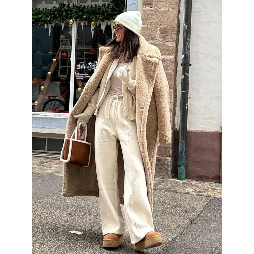 2024 Winter Women Casual Solid Coat Double Breasted Fleece Coat Loose Fit Long Coat Women Vintage Oversized Long Jacket