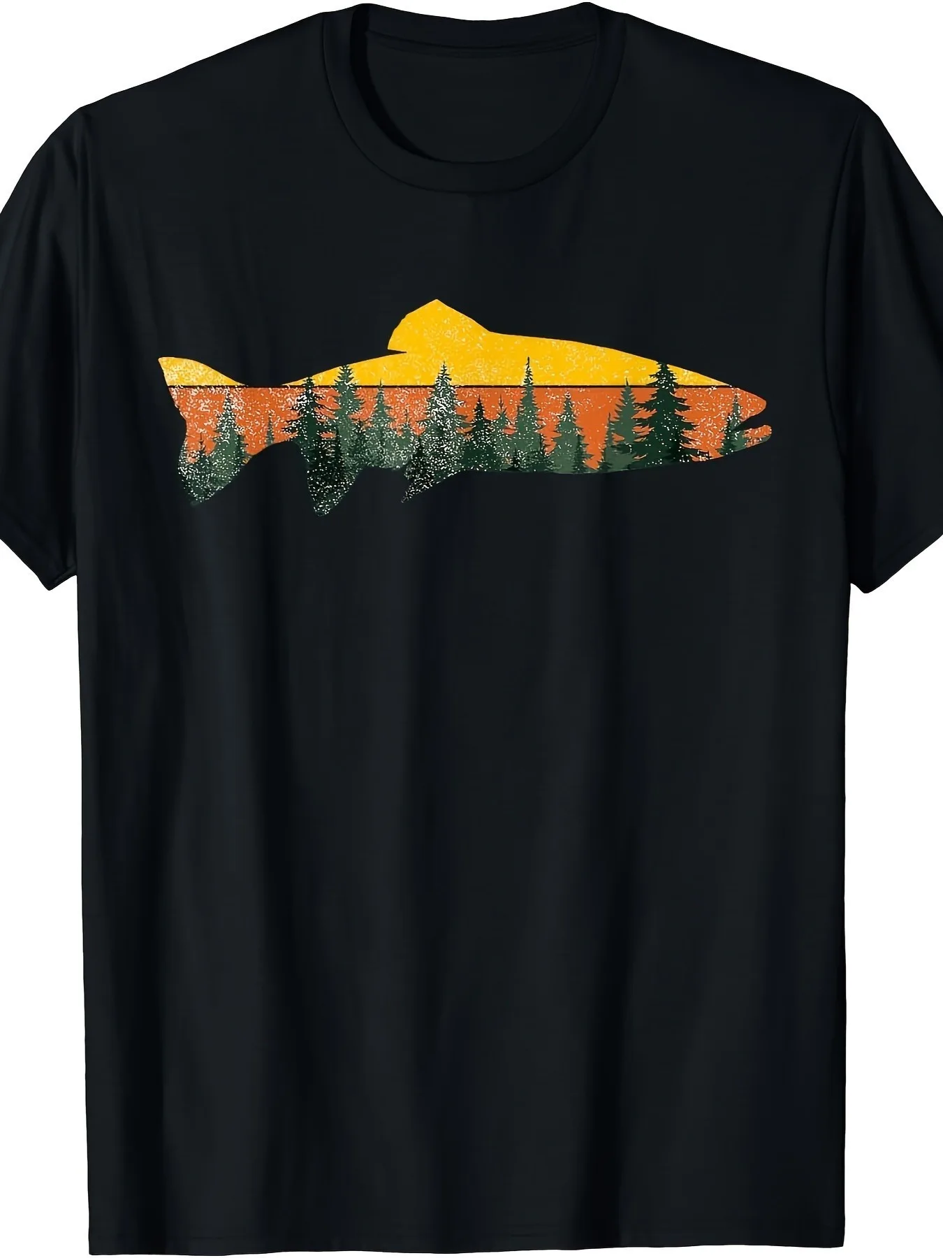 Trout Sunset Forest Graphic Tee Vintage Outdoor Fishing Cotton Crew Neck Short Sleeve T-Shirt