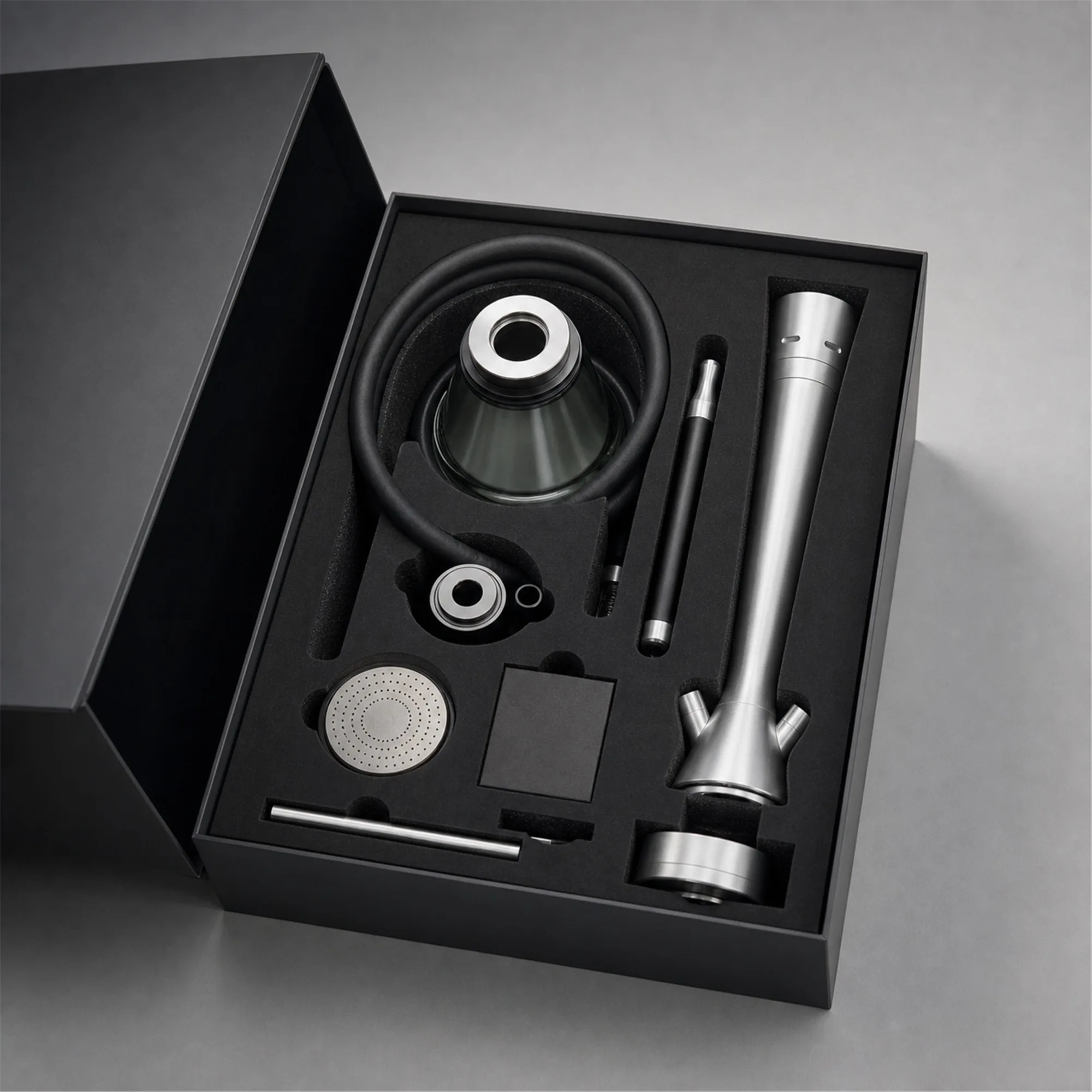 Luxury Silver Hookah Set 730mm Modern Metal Shisha Kit Smoked Glass Base Hose Mouthpiece Storage Box Home Lounge Smoking Pipe