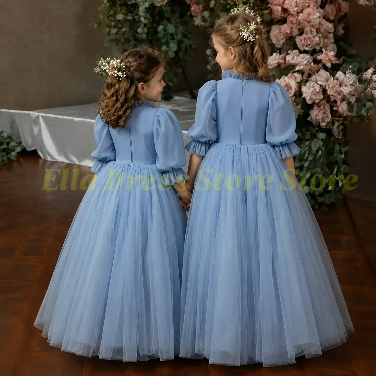 Einfach Großhandel Maßgeschneidertes Blumenmädchenkleid für Hochzeit Halbarm Tüll Kinder Geburtstagsfeier Erstkommunion Mädchenkleid – Detail 3