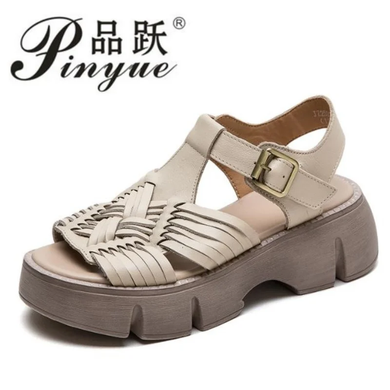 

Женские летние сандалии на танкетке из натуральной коровьей кожи, 4,5 см, ретро-стиль, ручная работа, плетеные, на массивной платформе, повседневные, в римском стиле, размеры 35-40