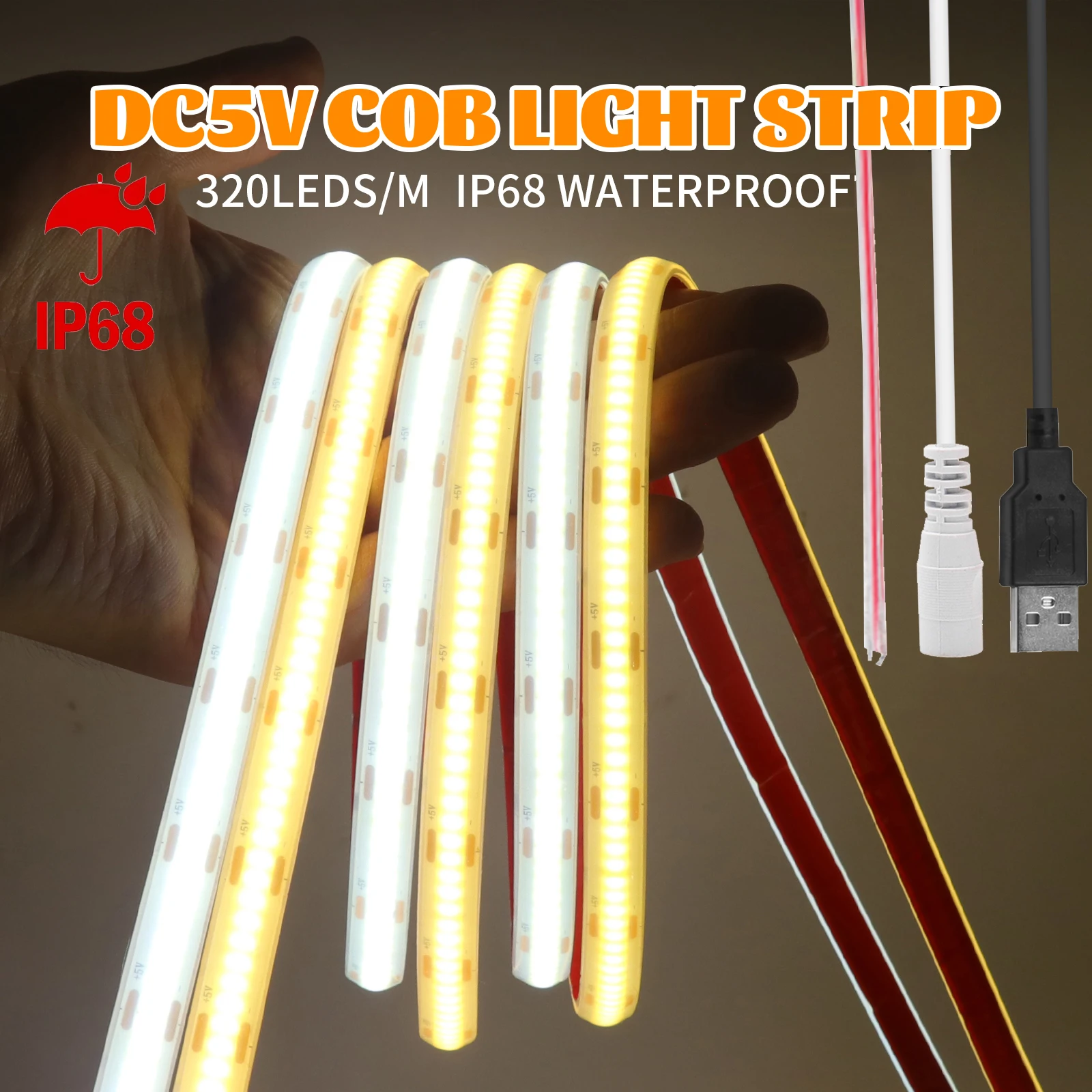 IP68 Waterproof COB LED Strip 5V USB Flexible LED Strip Light 320LEDs Neon Light Outdoor Swimming Pool High Density Linear Light