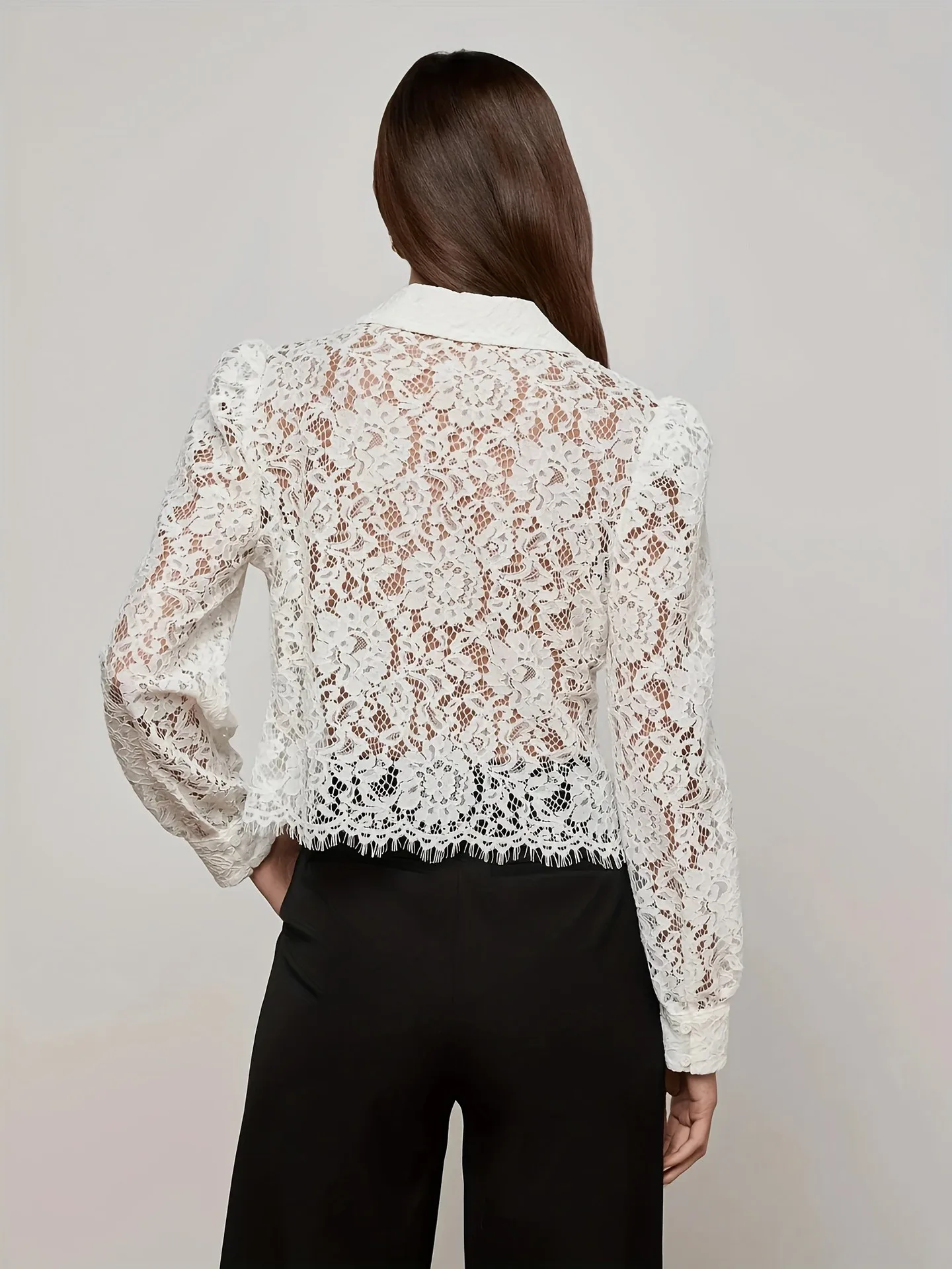 

Women's Sexy Lace Lapel Top with Tassel Edge Long Sleeve Transparent Shirt Short Sleeve Option for Trendy Fashion