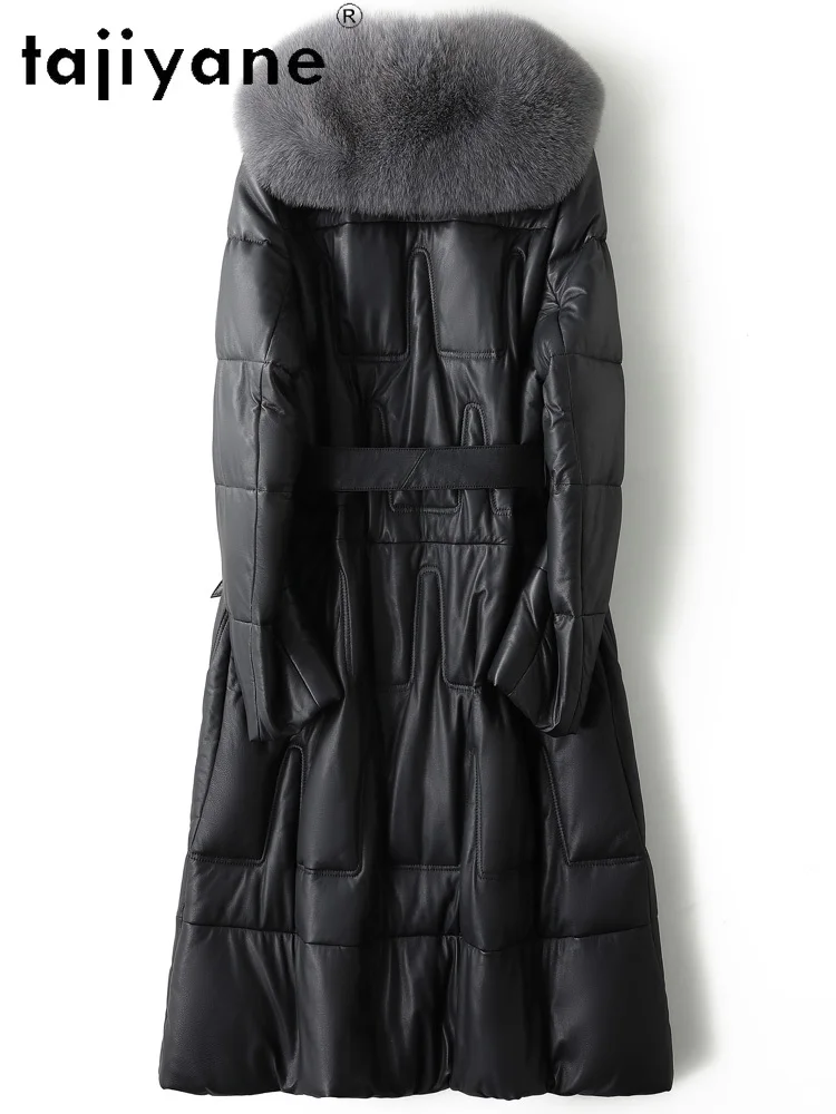 TAJIYANE الأبيض أوزة أسفل الجلد الحقيقي سترة منفوخة النساء 100% جلد الغنم طويل أسفل معاطف الثعلب الفراء طوق الملابس الشتوية 2025