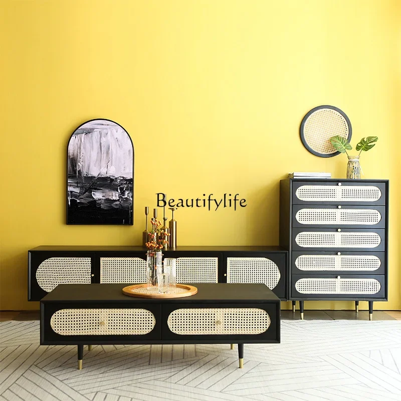 

yj9 Nordic solid wood TV cabinet living room rattan TV cabinet retro light luxury