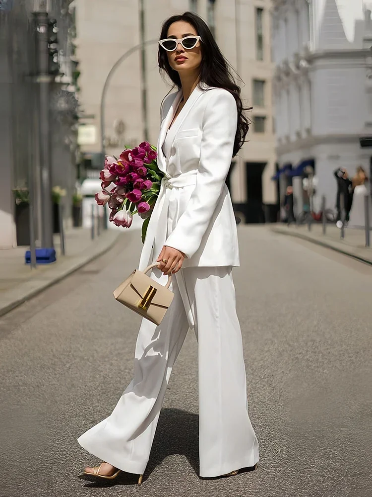 

Summer Shawl Lapel Women Suits with Belt Elegant Long Sleeves No Buttons Outfits Slim Casual Daily Office Pants Sets 2 Piece
