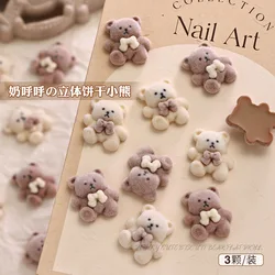 6PCS Vivid Plush Lovely Velvet Bear Cream White Brown Cute Biscuit Animal Pet Nail Art Rhinestones Decorations Manicure Charms