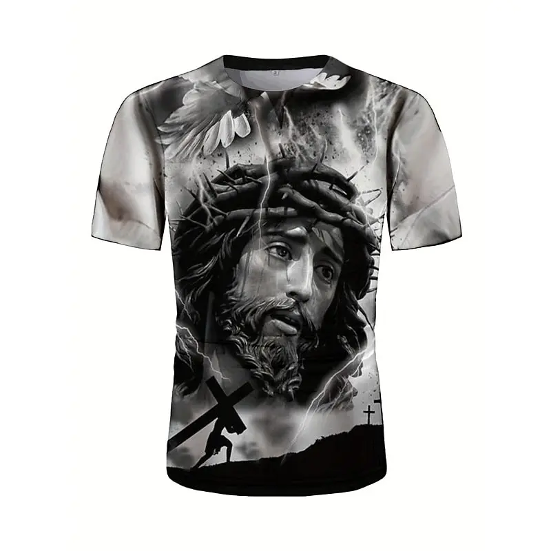 Men's Summer Breathable 3D T-shirt Jesus Christ Cross Print Crew Neck Short-Sleeve Fashion Trendy Faith-Based Daily Top