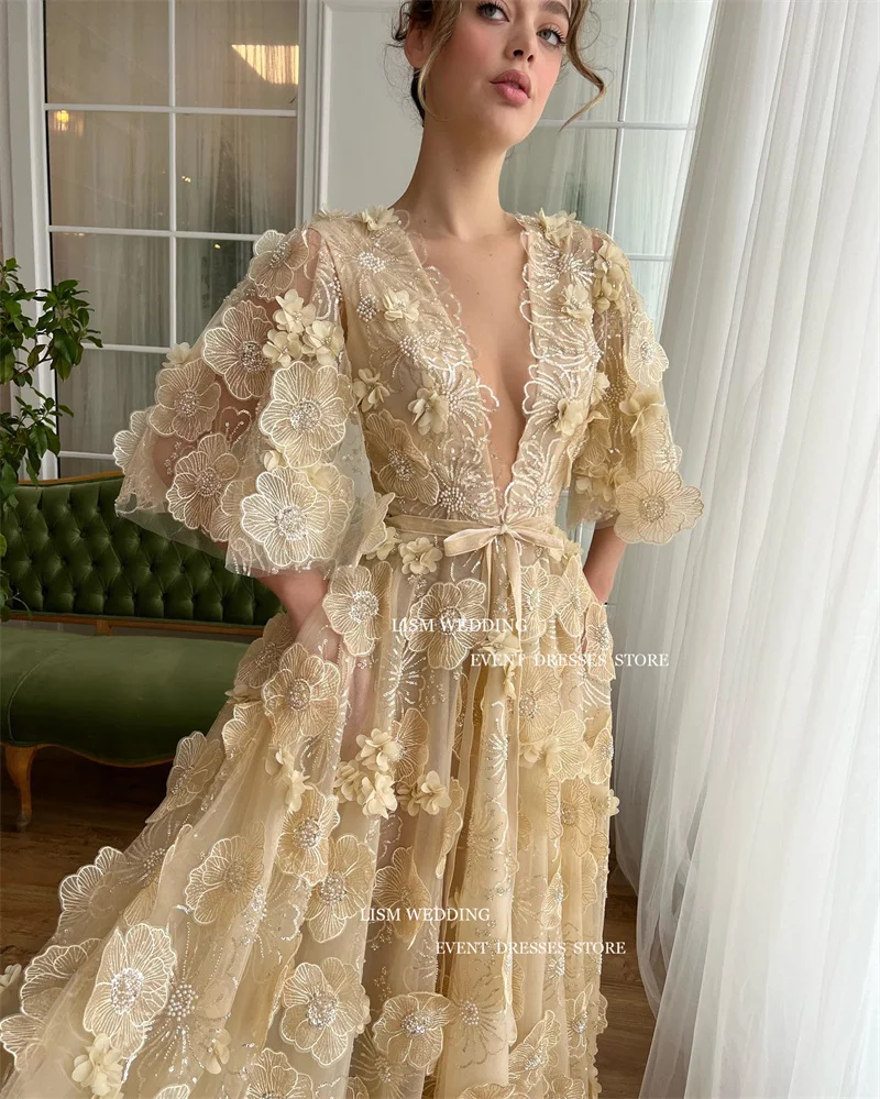 LISM Elegant Yellow Lace A-Line Evening Dresses 3D Flowers Sexy V-Neck Half Sleeves Formal Occasion Dress Floor Length Custom