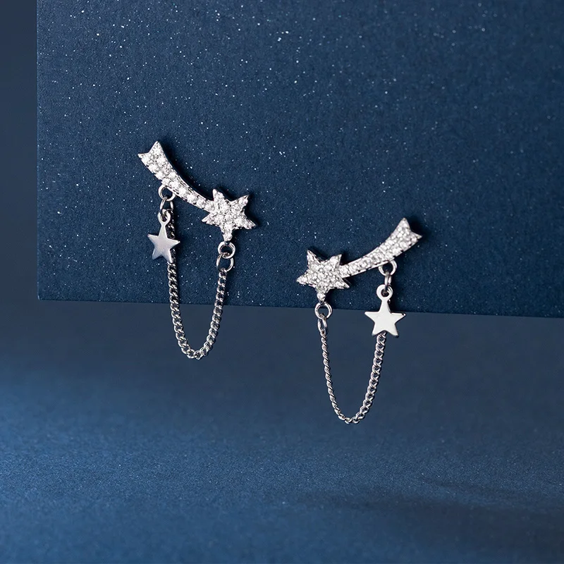 TrustDavis Real 925 Sterling Silver Earring Chain Star Shiny CZ Stud Earring For Women Wedding Mother's Day Fine Jewelry DA3112 image 6