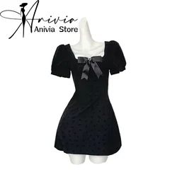 Women's Black Gothic A-line Mini Dress Vintage Square Collar Short Sleeve Bow Dresses Y2k Emo One Piece Frocks 2000s 90s Clothes