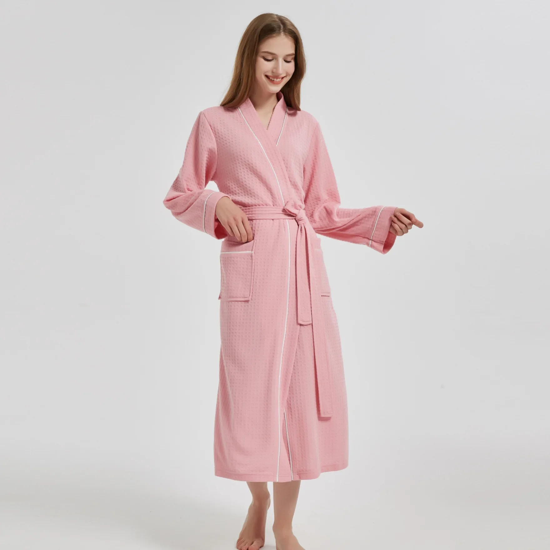 At Casual Couple Robe Homewear pour femme, Kimono long gaufré, Peignoir, Vêtements de nuit, Chemise de nuit, Vêtements de détente, Printemps, Automne, Nouveau