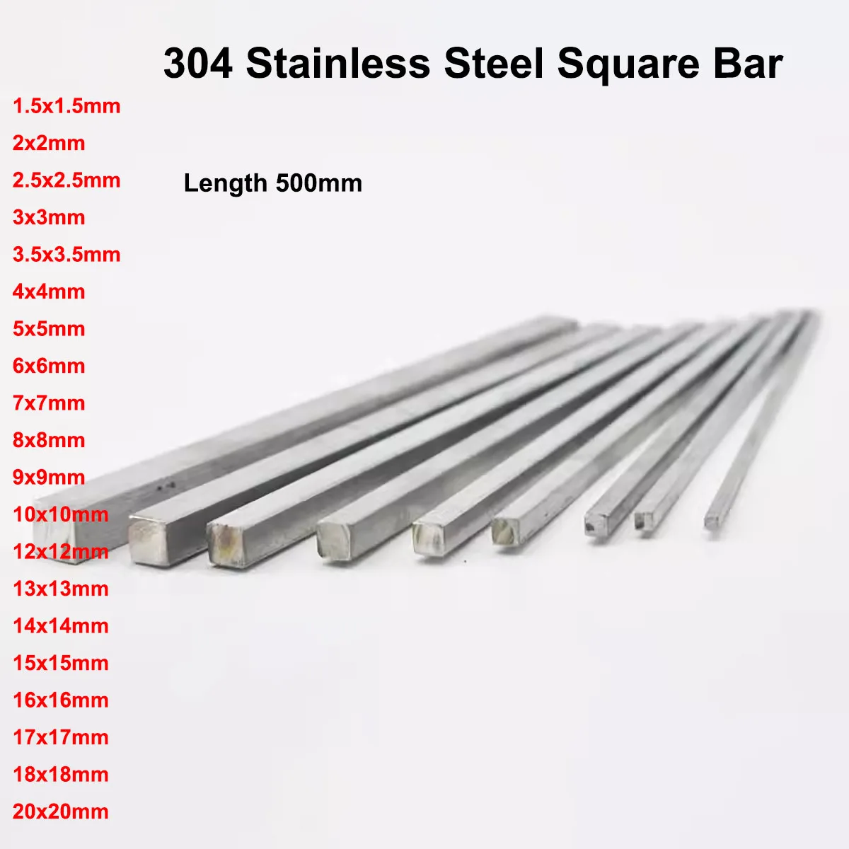 

304 Stainless Steel Square Bar 1.5/2/2.5/3/3.5/4/5/6/7/8/9/10-20mm Small Steel Bar Length 500mm