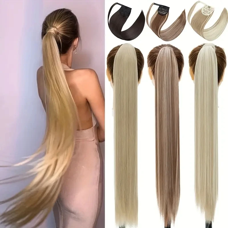 Snoilite Synthetic Long Straight Ponytail Extensions 28 Inch Wrap Around Light Golden Brown Ponytails Hair Piece Pony Tail Hair