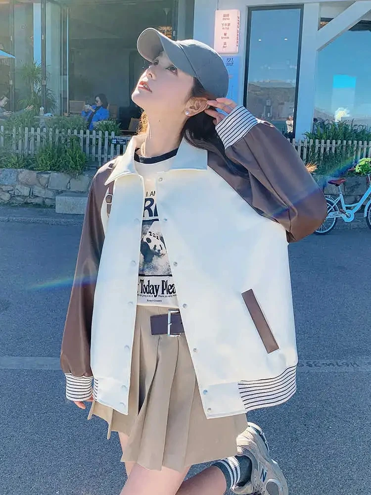 Bloqueio de cor emenda jaqueta de couro do plutônio feminino primavera outono 2025 estilo high-end super bonito pequena motocicleta jaqueta topo